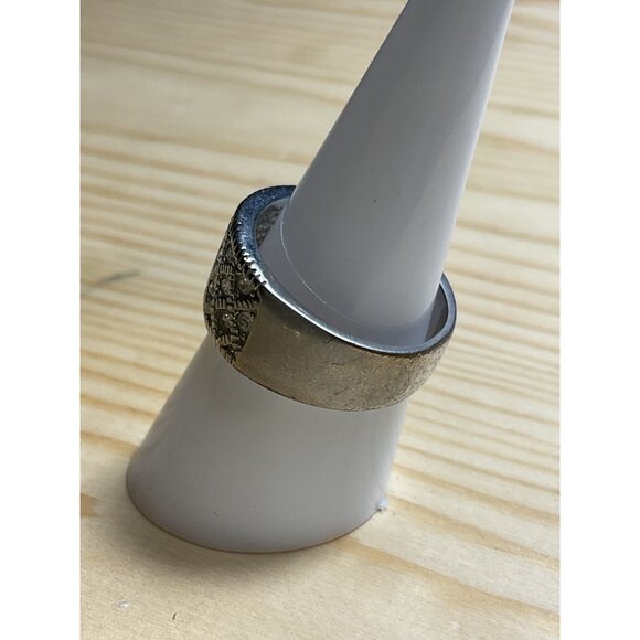 Wide Silver Rhinestone Band Ring Textured Design - Picture 3 of 4